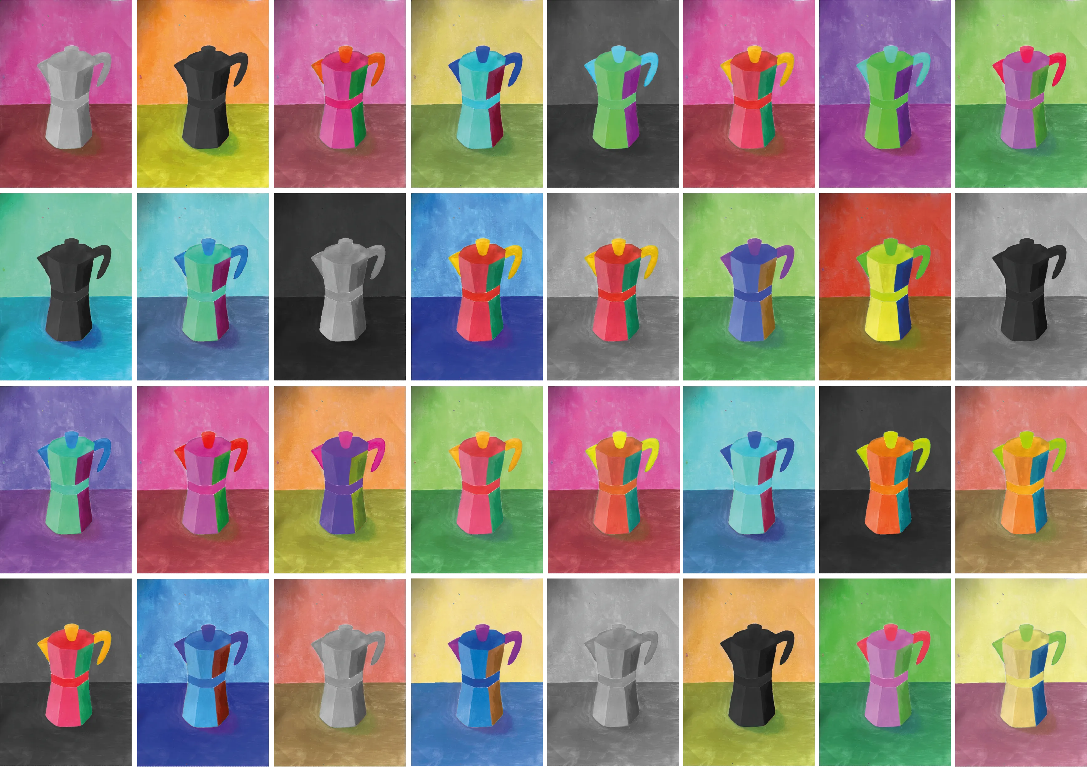 Raster met alle moka-schilderijen in verschillende kleuren