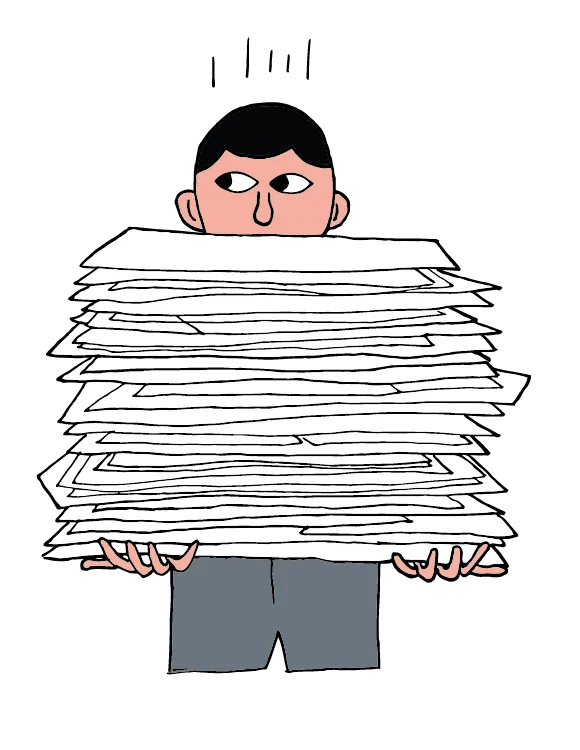 Illustratie van iemand achter een stapel papier